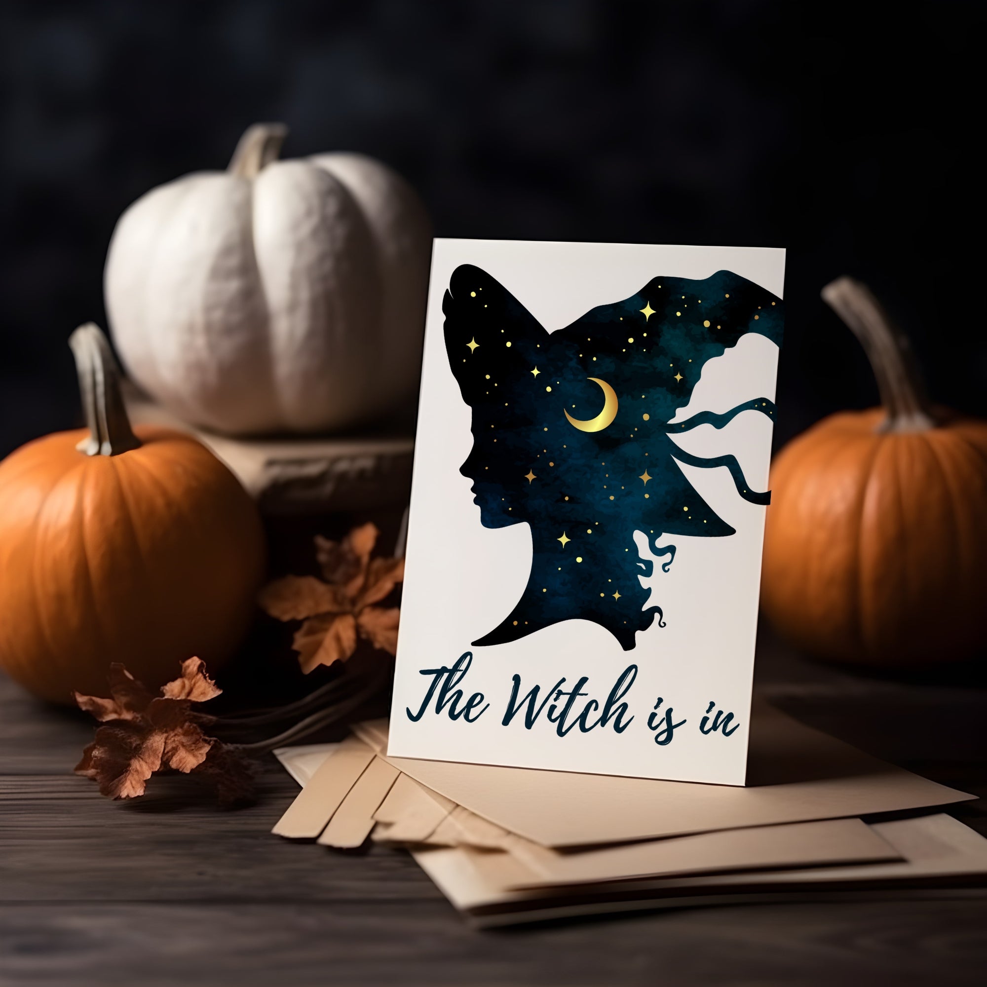 The Witch is in Postkarte mit großem Hexenhut
