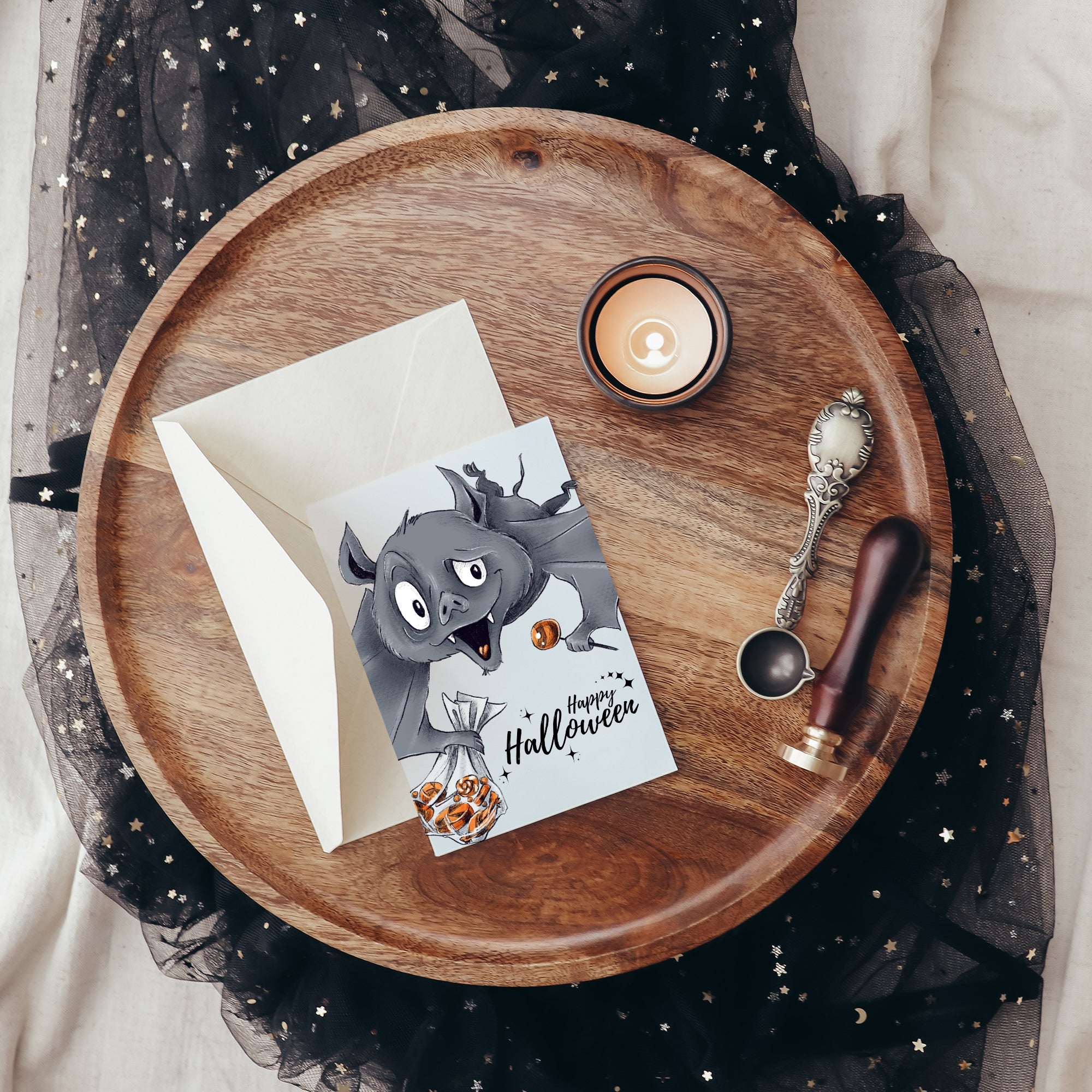 Happy Spooktober Postkarte mit Fledermaus