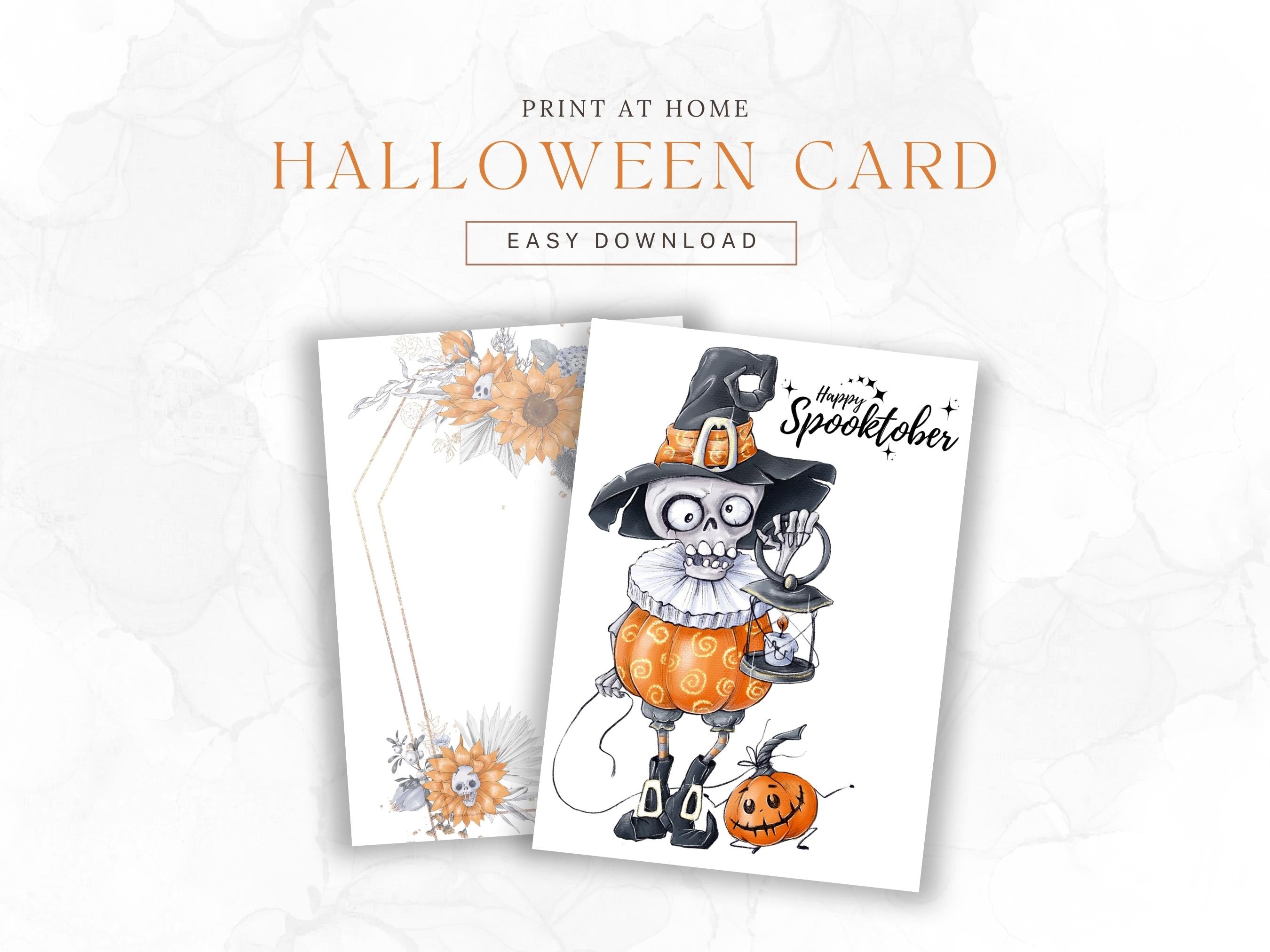 Happy Spooktober Postkarte mit Skelett Nachtwächter