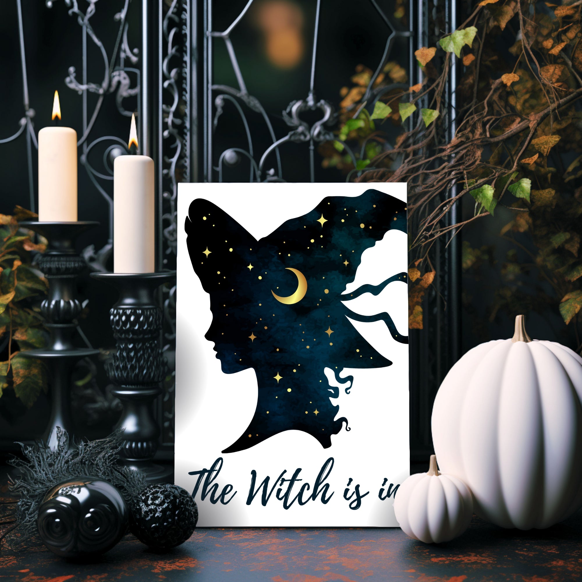 The Witch is in Postkarte mit großem Hexenhut