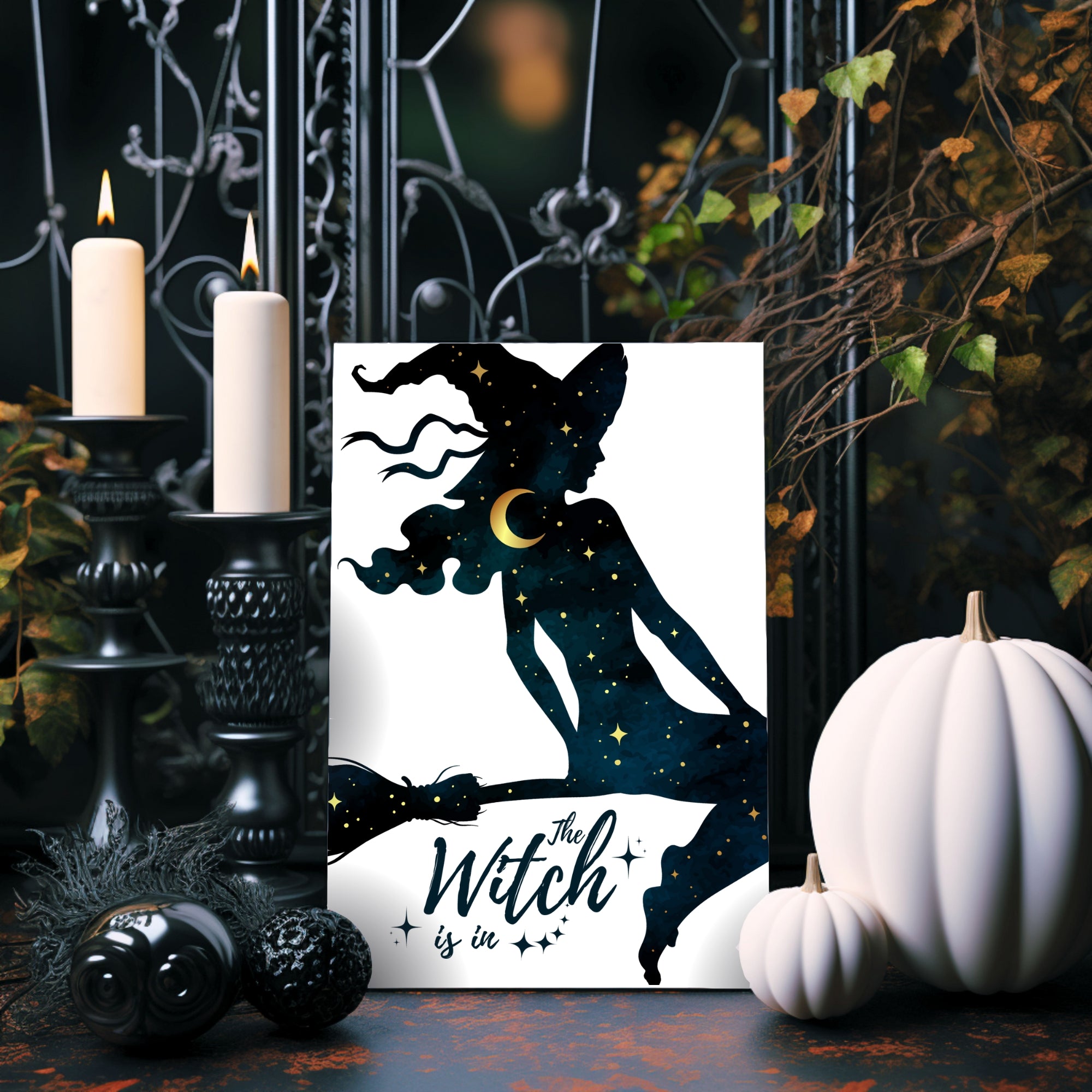 The Witch is in Postkarte mit Hexenbesen