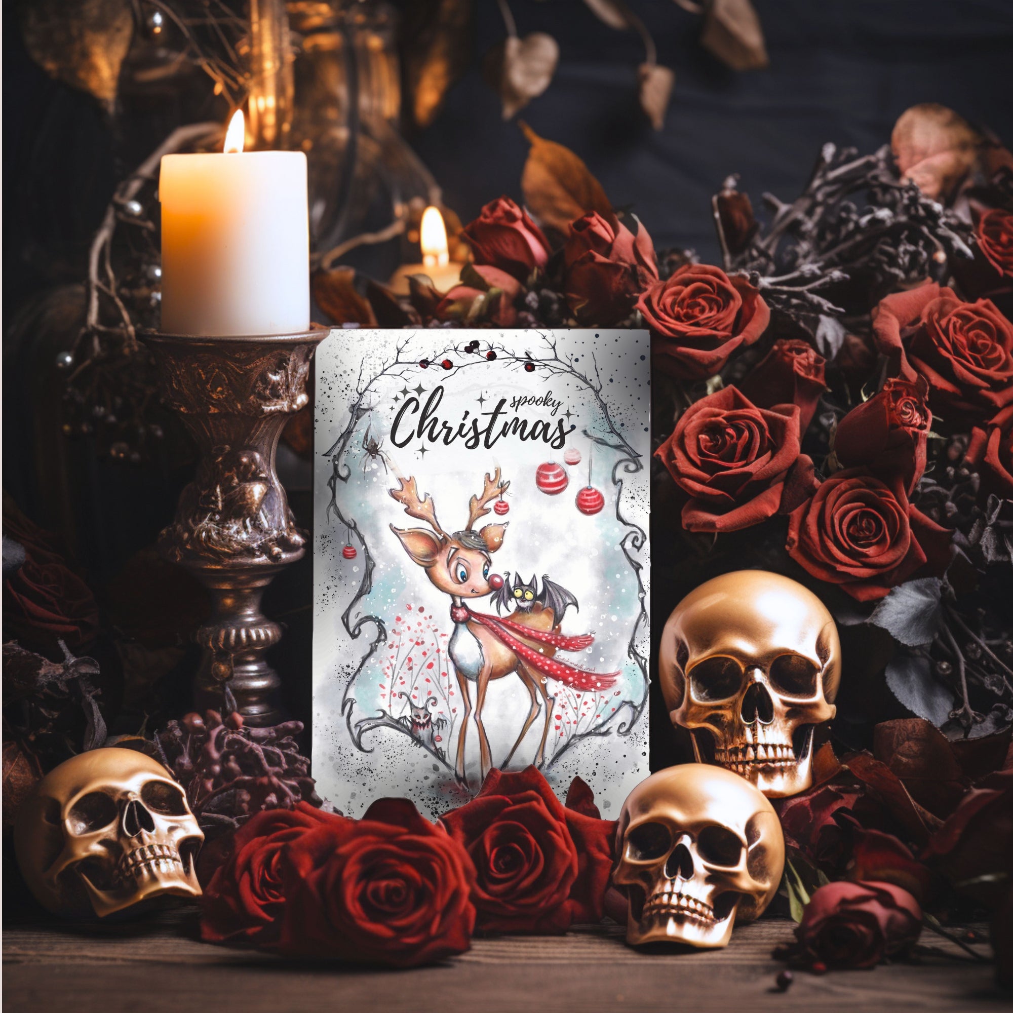 Spooky Christmas Postkarte mit Rudolf dem Rentier