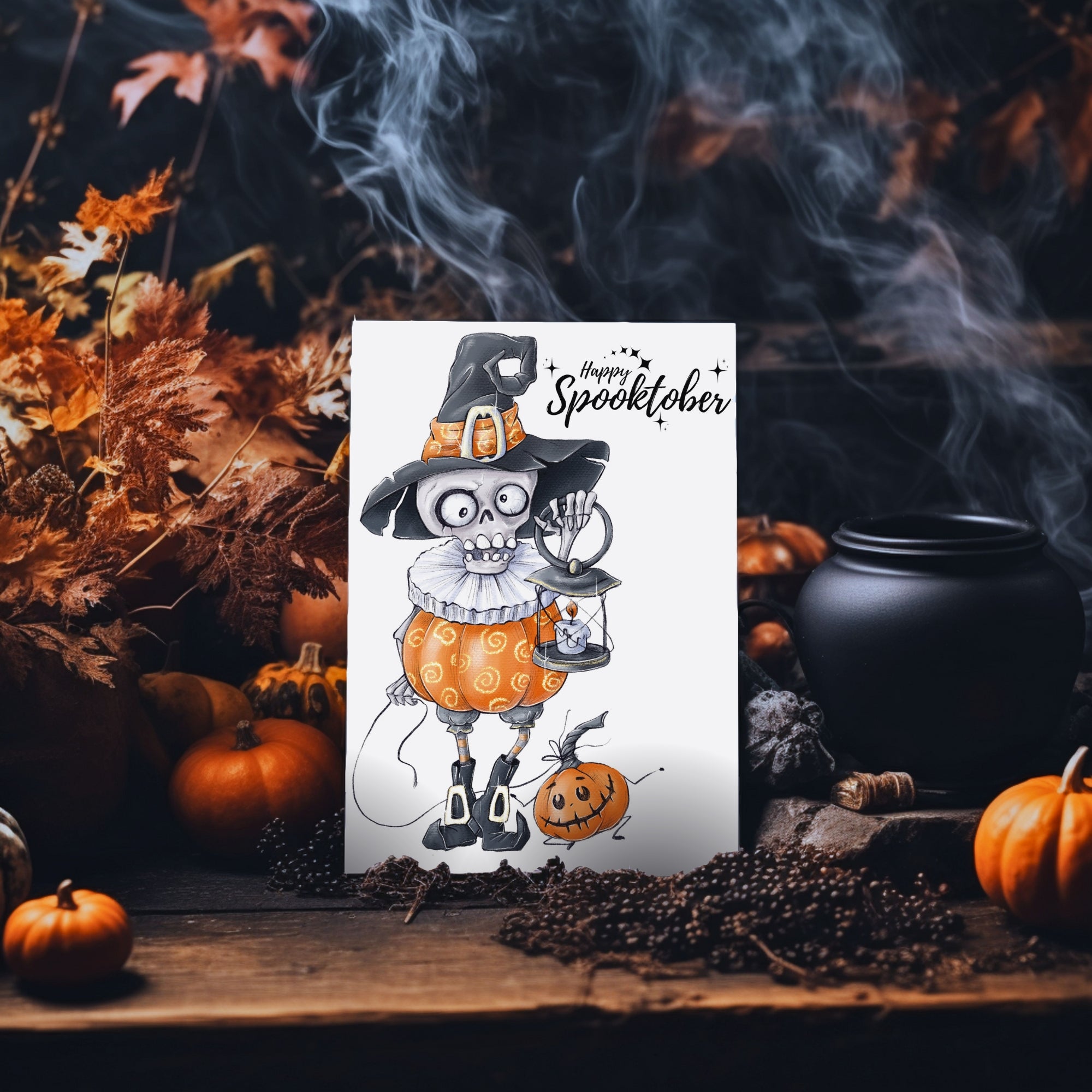 Happy Spooktober Postkarte mit Skelett Nachtwächter