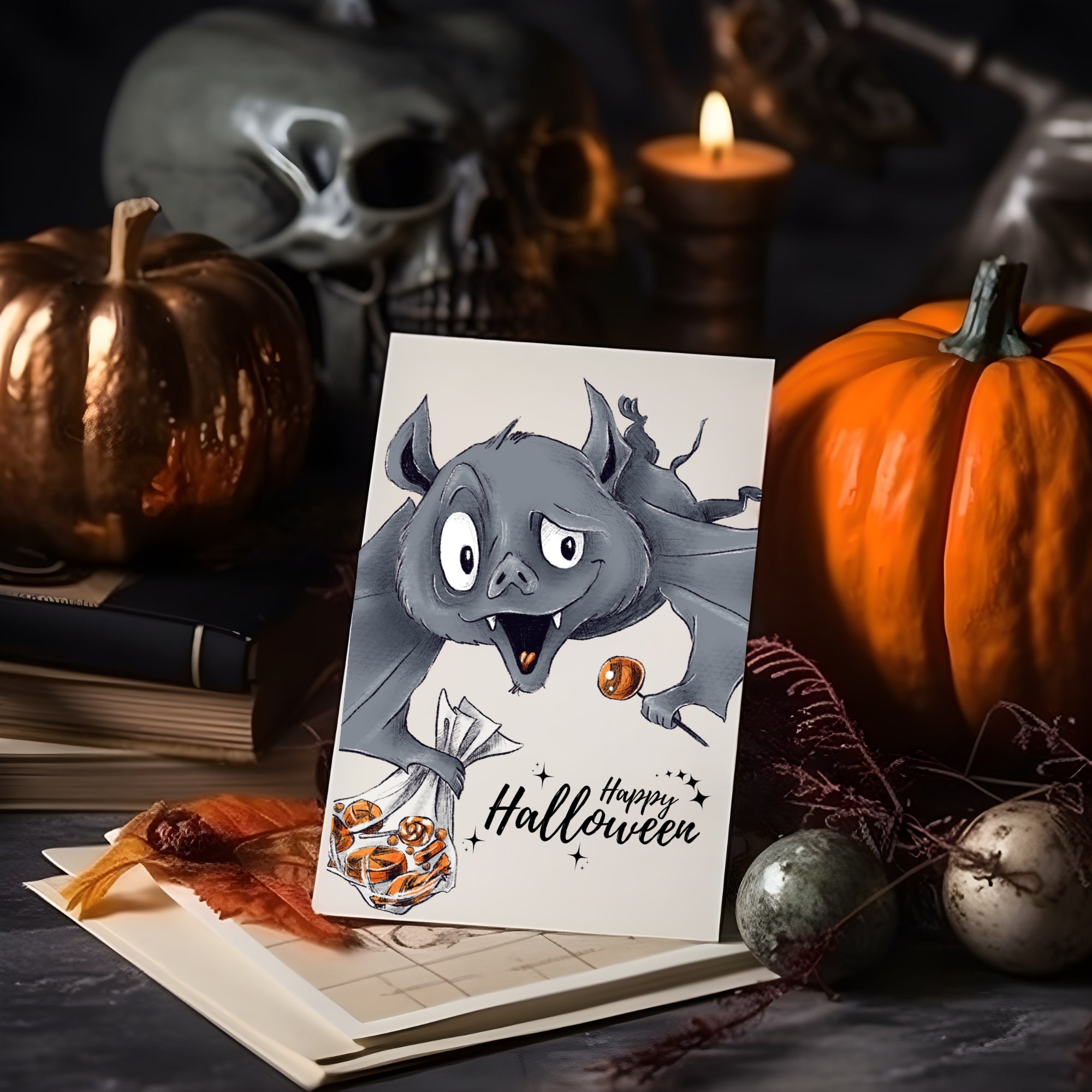 Happy Spooktober Postkarte mit Fledermaus