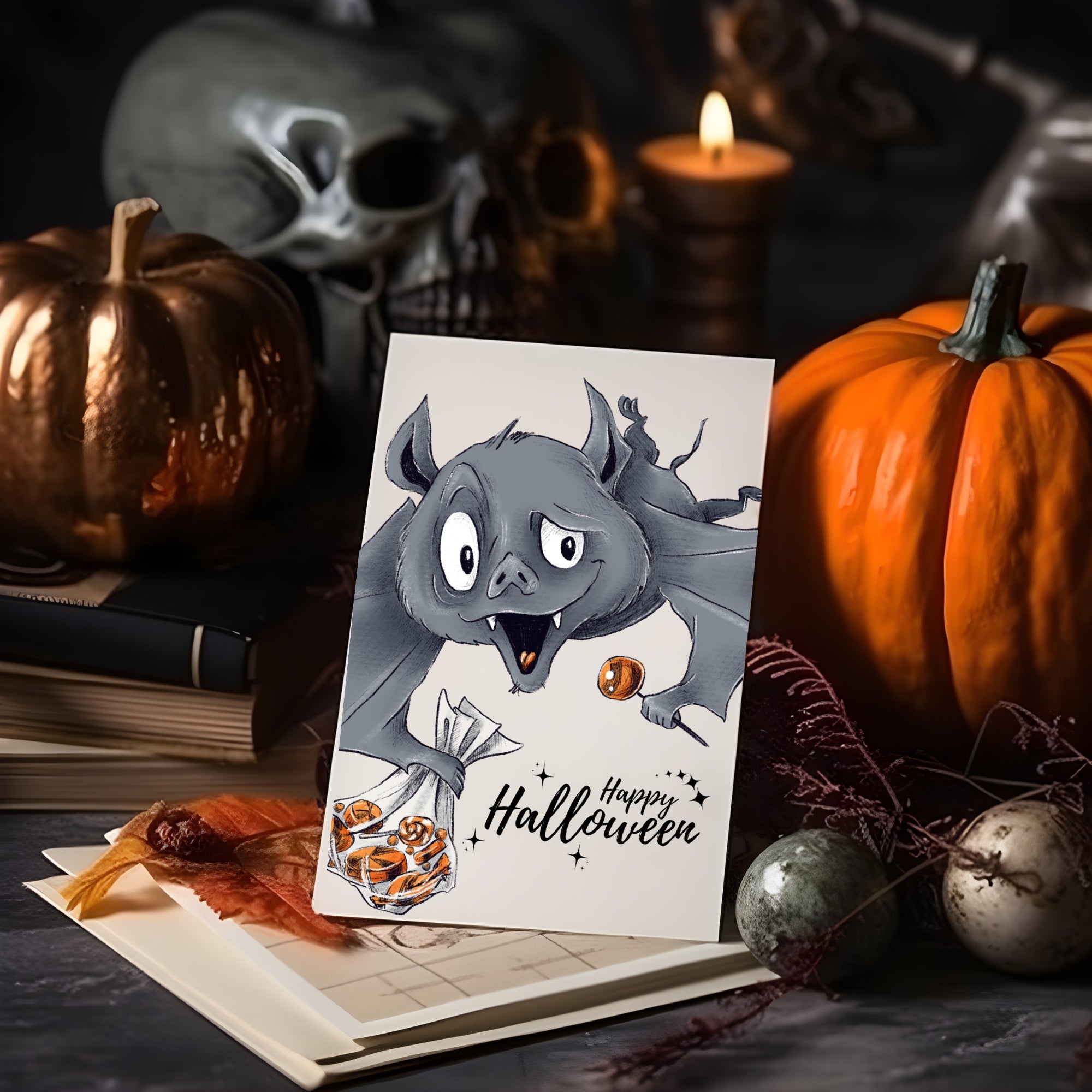 Happy Spooktober Postkarte mit Fledermaus