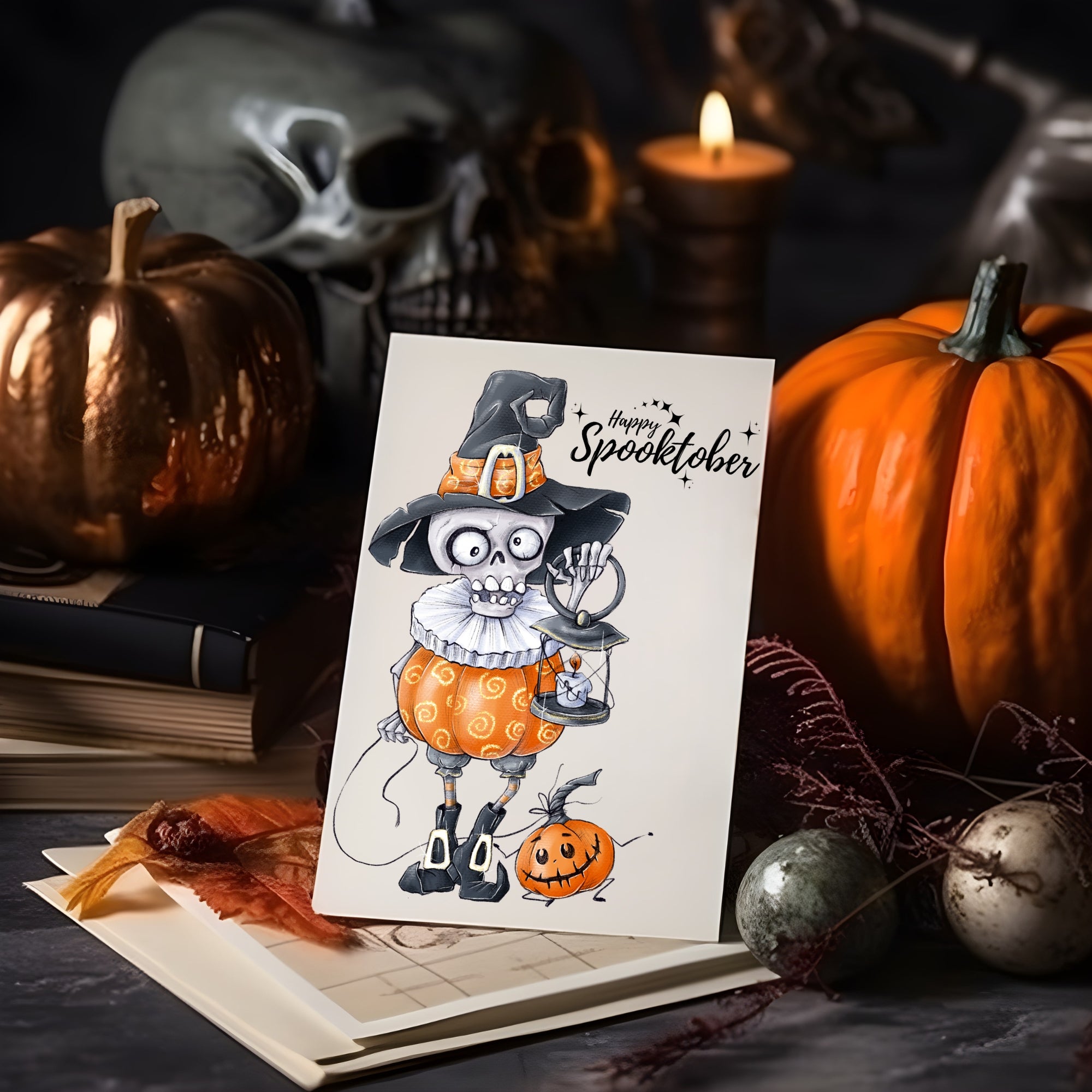 Happy Spooktober Postkarte mit Skelett Nachtwächter