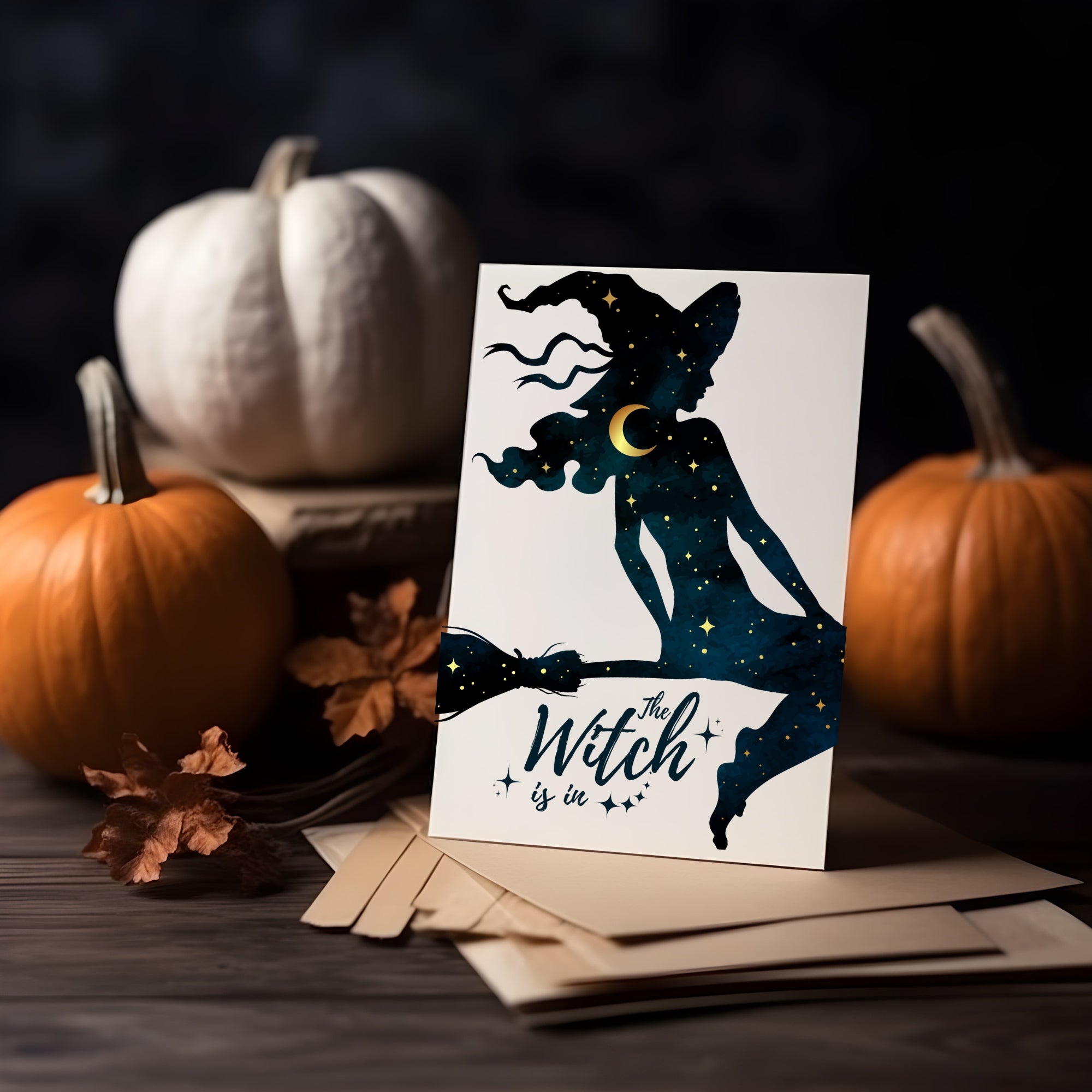 The Witch is in Postkarte mit Hexenbesen