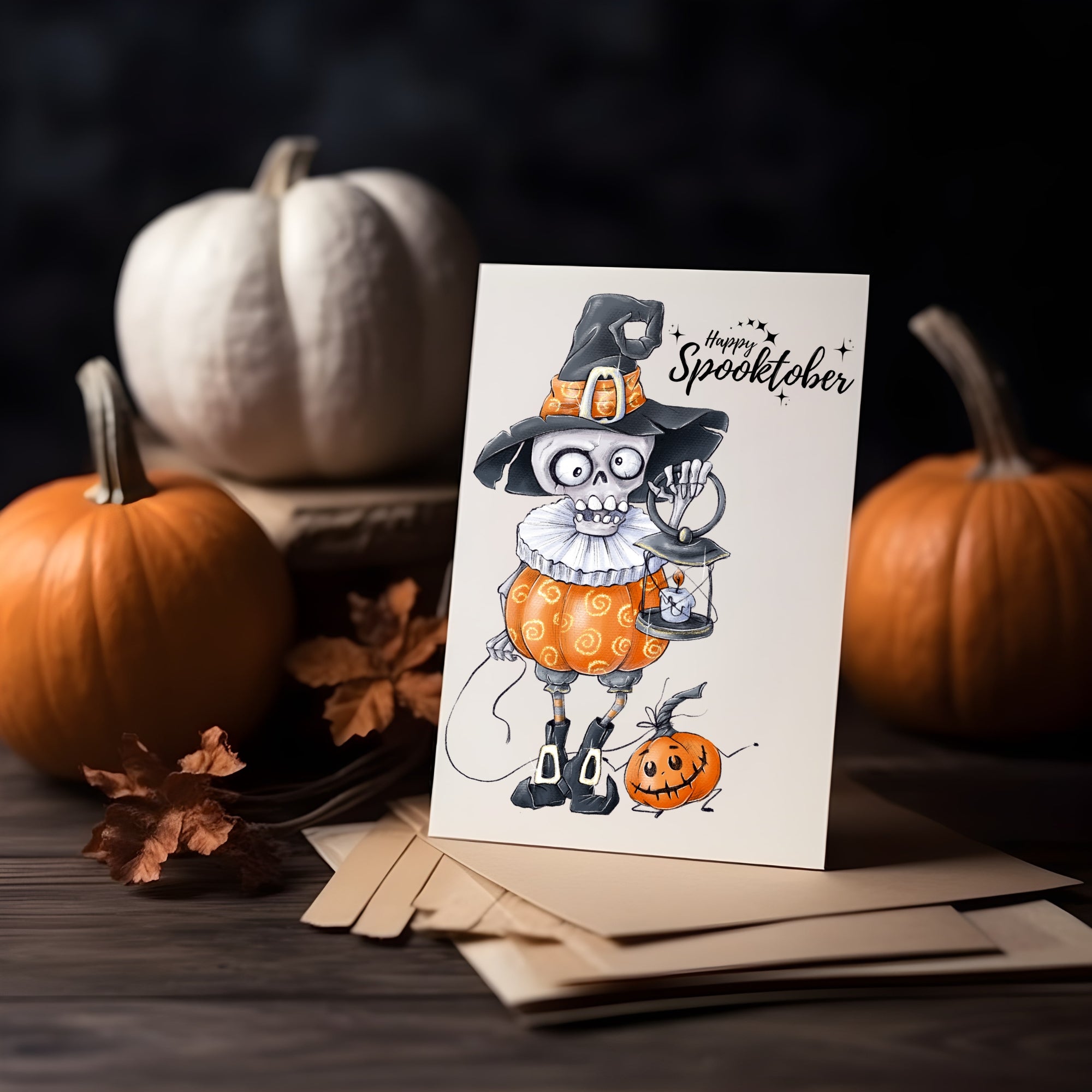 Happy Spooktober Postkarte mit Skelett Nachtwächter