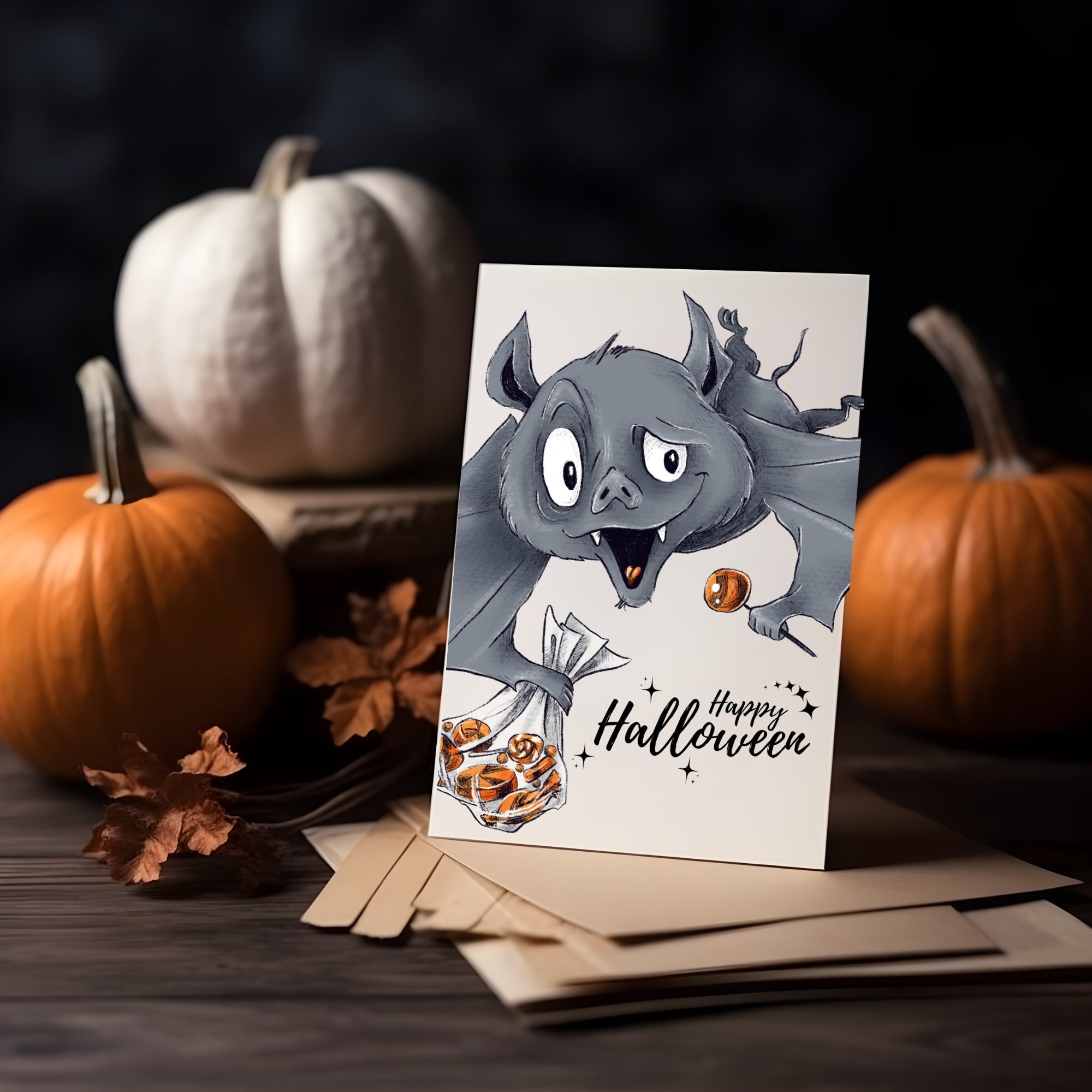 Happy Spooktober Postkarte mit Fledermaus