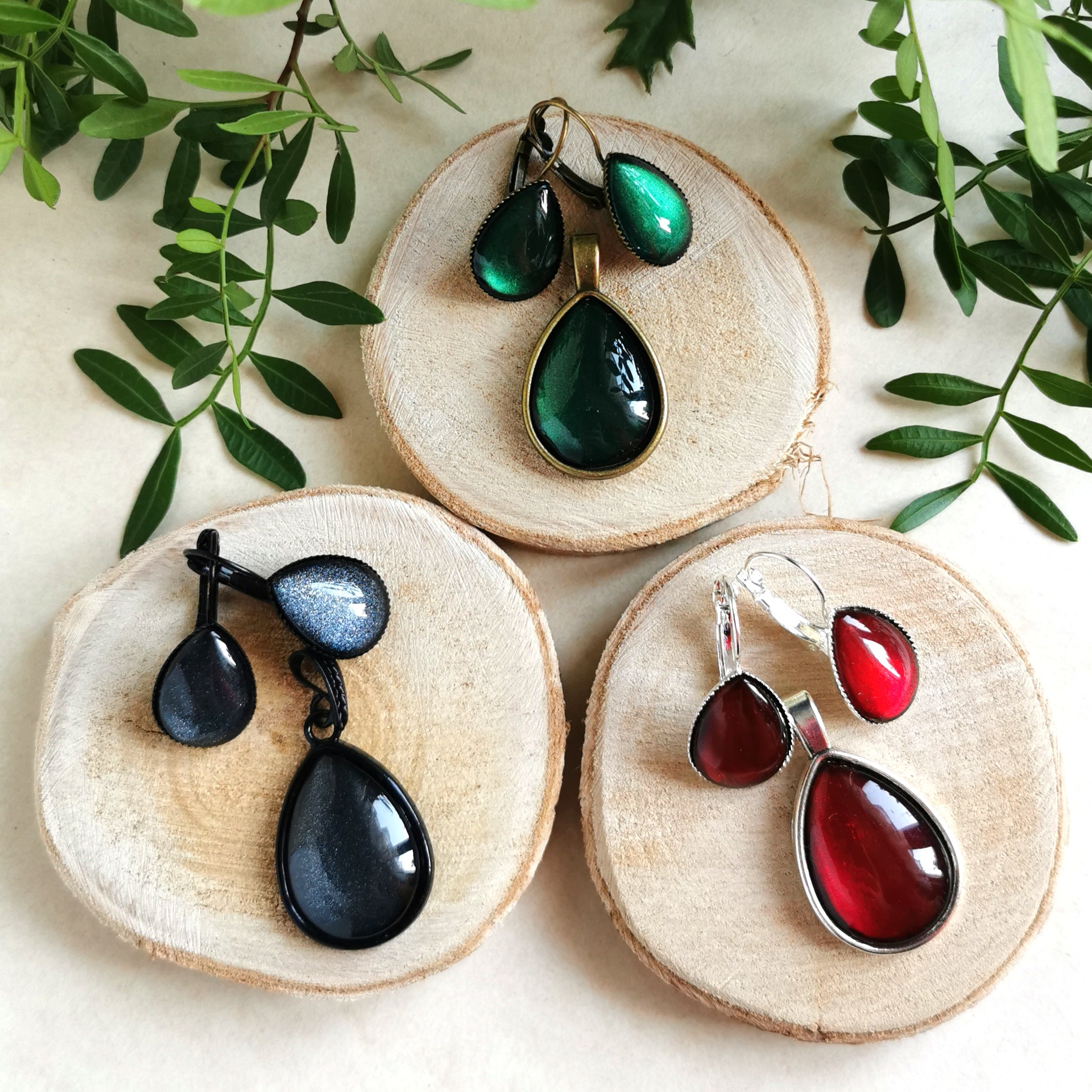 Tropfen Anhänger & Ohrringe - silber, schwarz, bronze