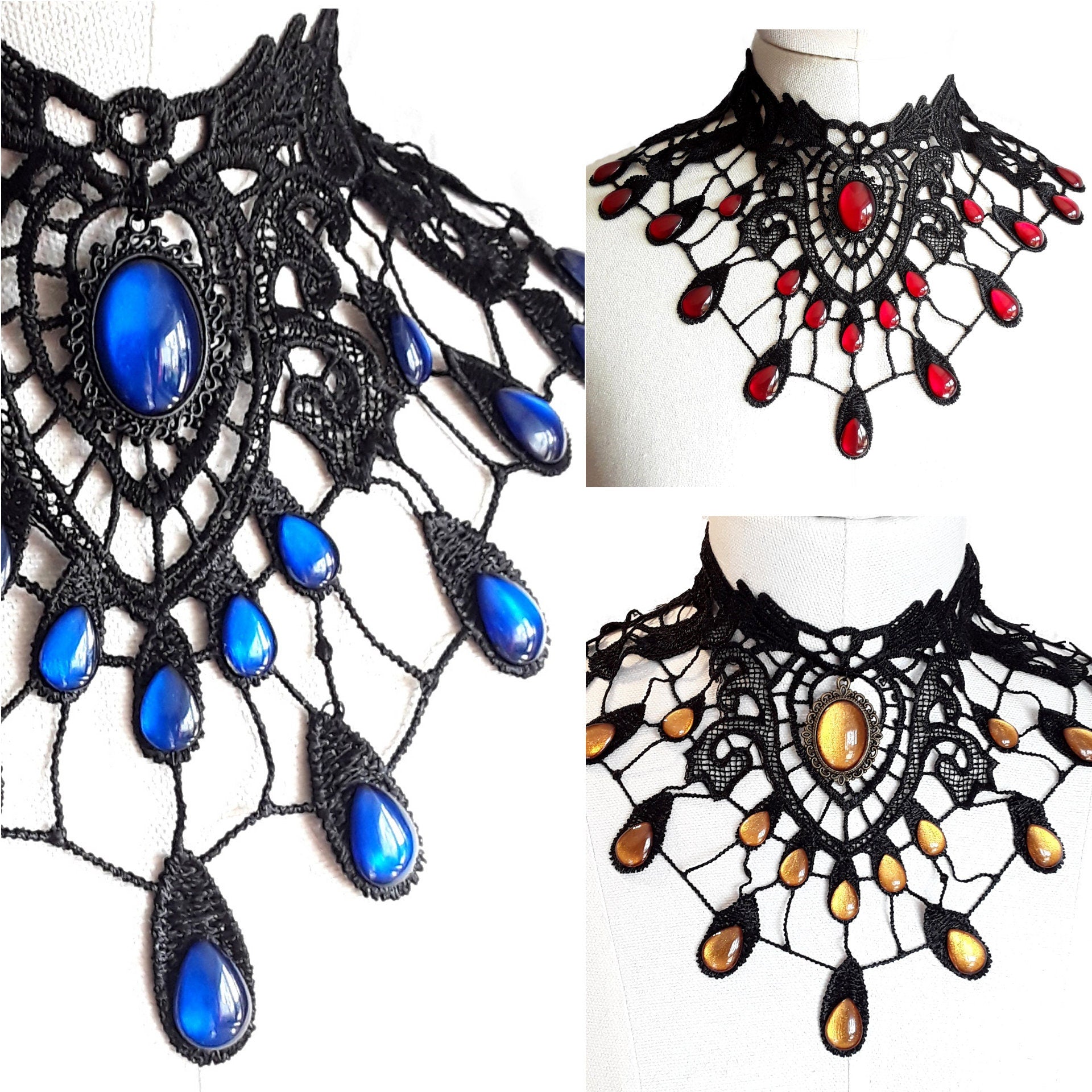 Gothic Choker schwarz Wunschfarbe mit Tropfen, aus Spitze mit farbigen Glassteinen als Gothic Schmuck und für Vampir Cosplay -Chokers- BloodyBrilliants