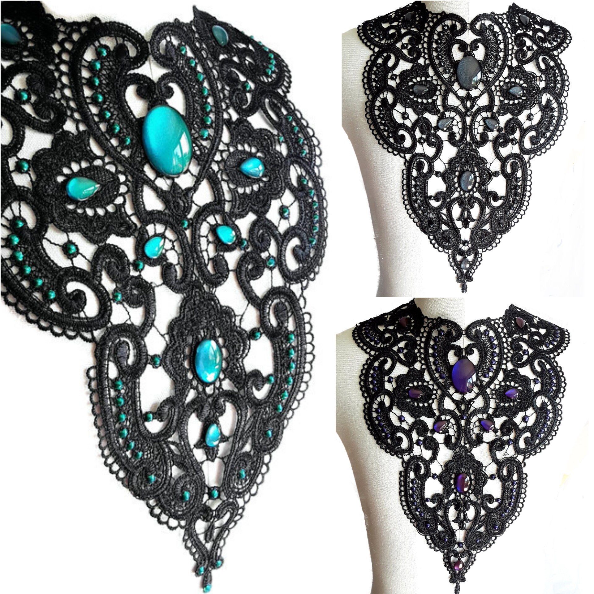 Collier schwarz Wunschfarbe Antik aus Spitze mit farbigen Glassteinen als Fantasy Schmuck für Fotoshooting oder Gothic Hochzeit -Chokers- BloodyBrilliants