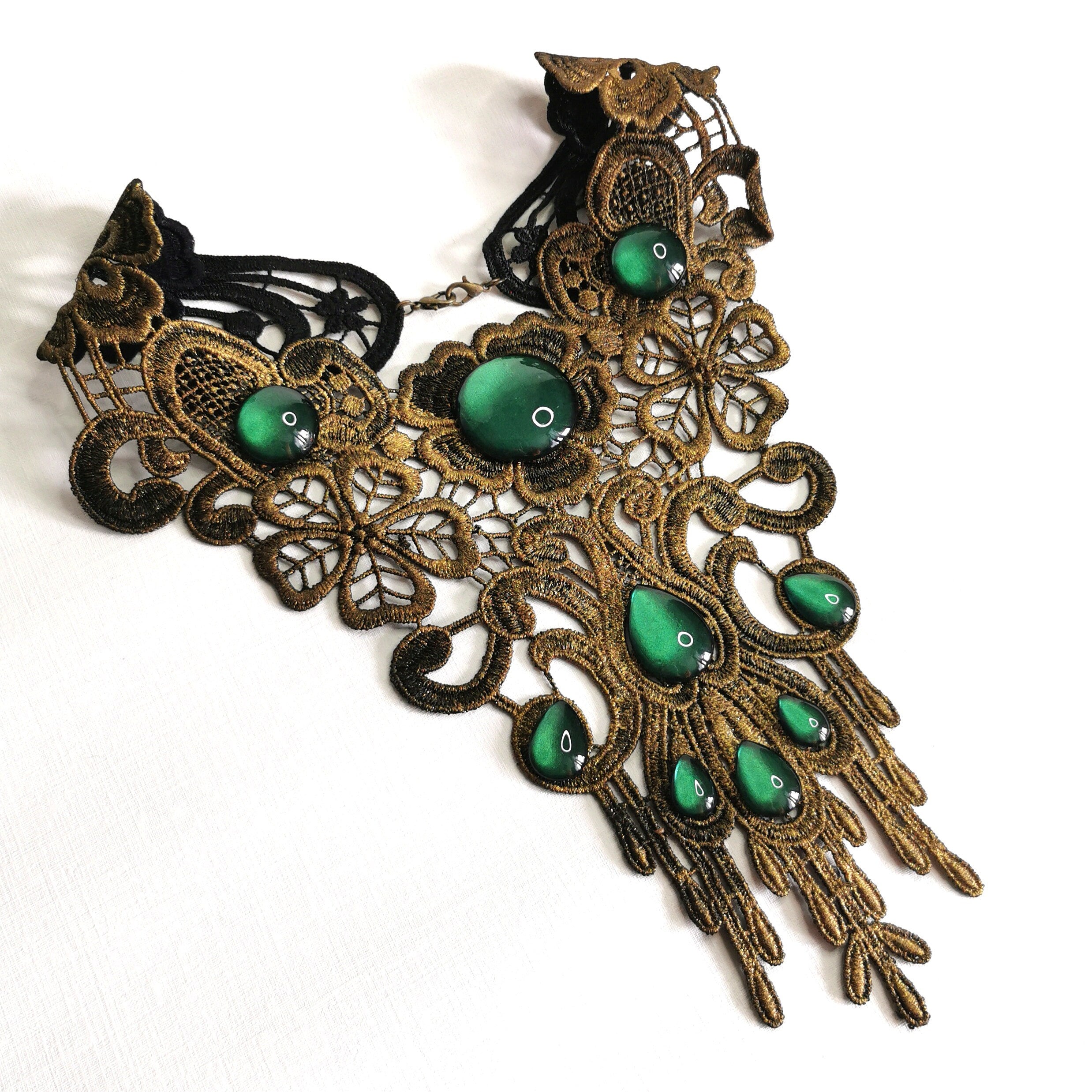 Steampunk Collier bronze aus Spitze mit farbigen Glassteinen für Cosplay als Steampunk Choker oder für Hexen Geburtstag -Chokers- BloodyBrilliants