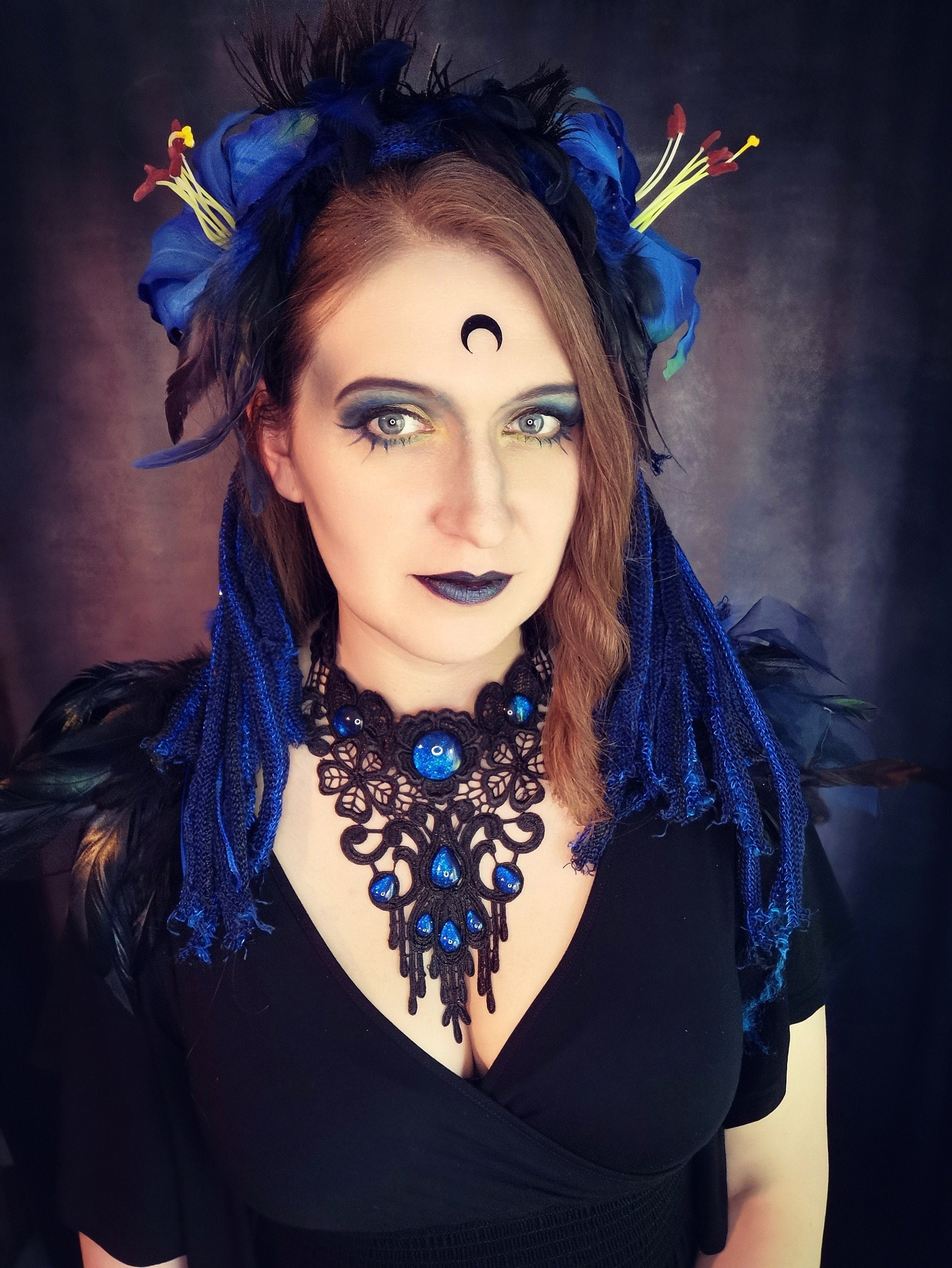 Gothic Collier schwarze Spitze Rund Tropfen mit farbigen Cabochon Glassteinen für Vampir Cosplay und Gothic Hochzeit -Chokers- BloodyBrilliants