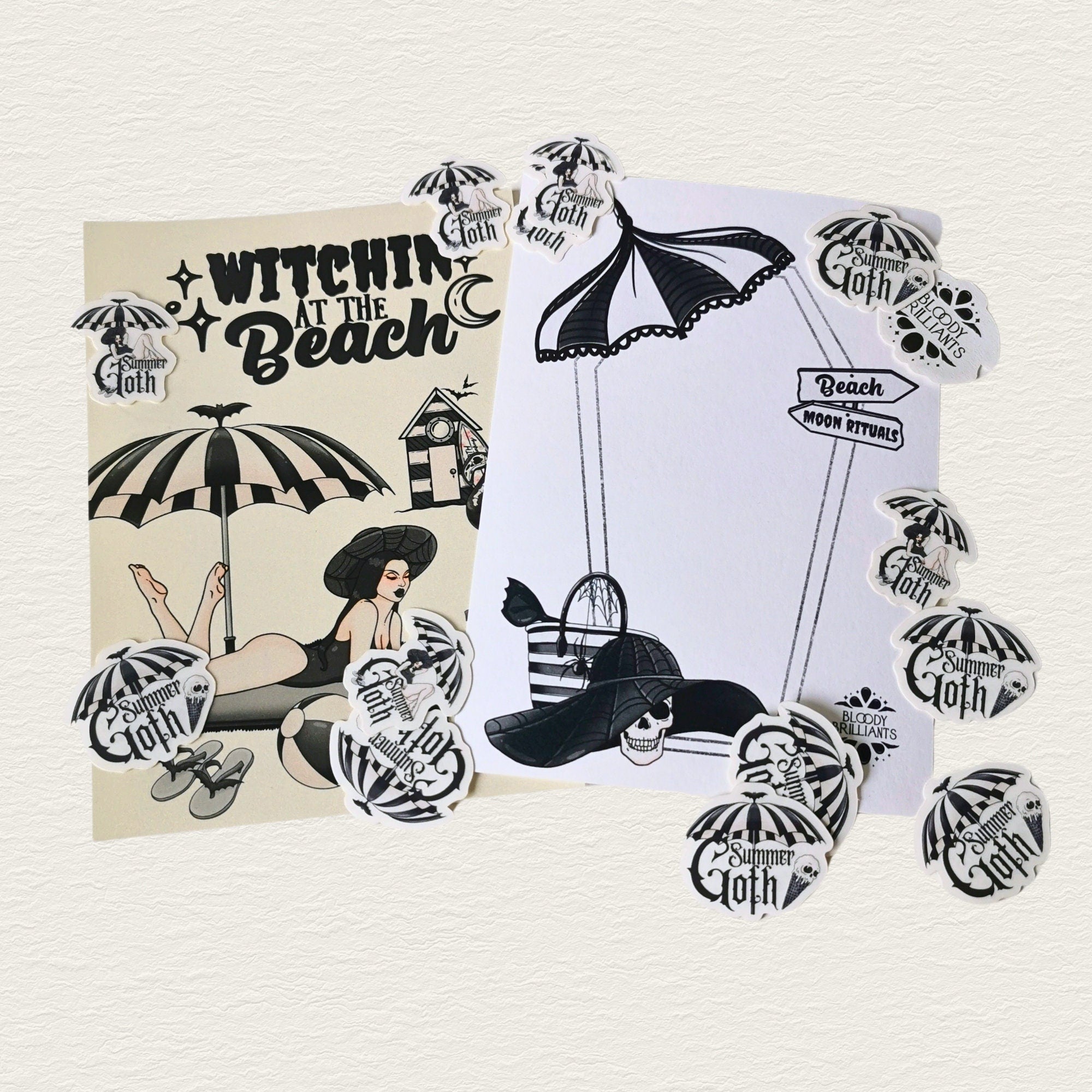 Witchin' at the Beach Grußkarte als Geschenk oder Geburtstagskarte mit Gothic Girl am Strand -Invitations- BloodyBrilliants