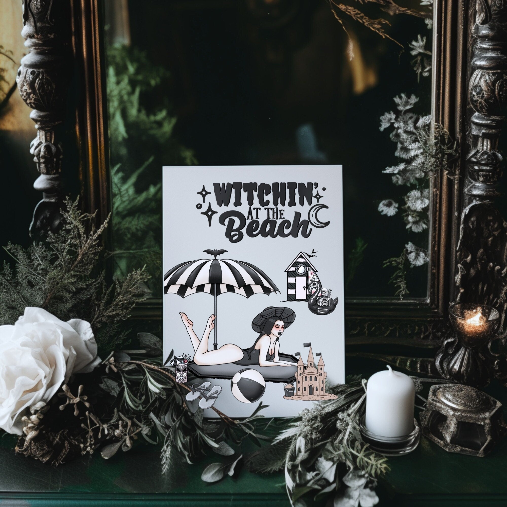 Witchin' at the Beach Grußkarte als Geschenk oder Geburtstagskarte mit Gothic Girl am Strand -Invitations- BloodyBrilliants