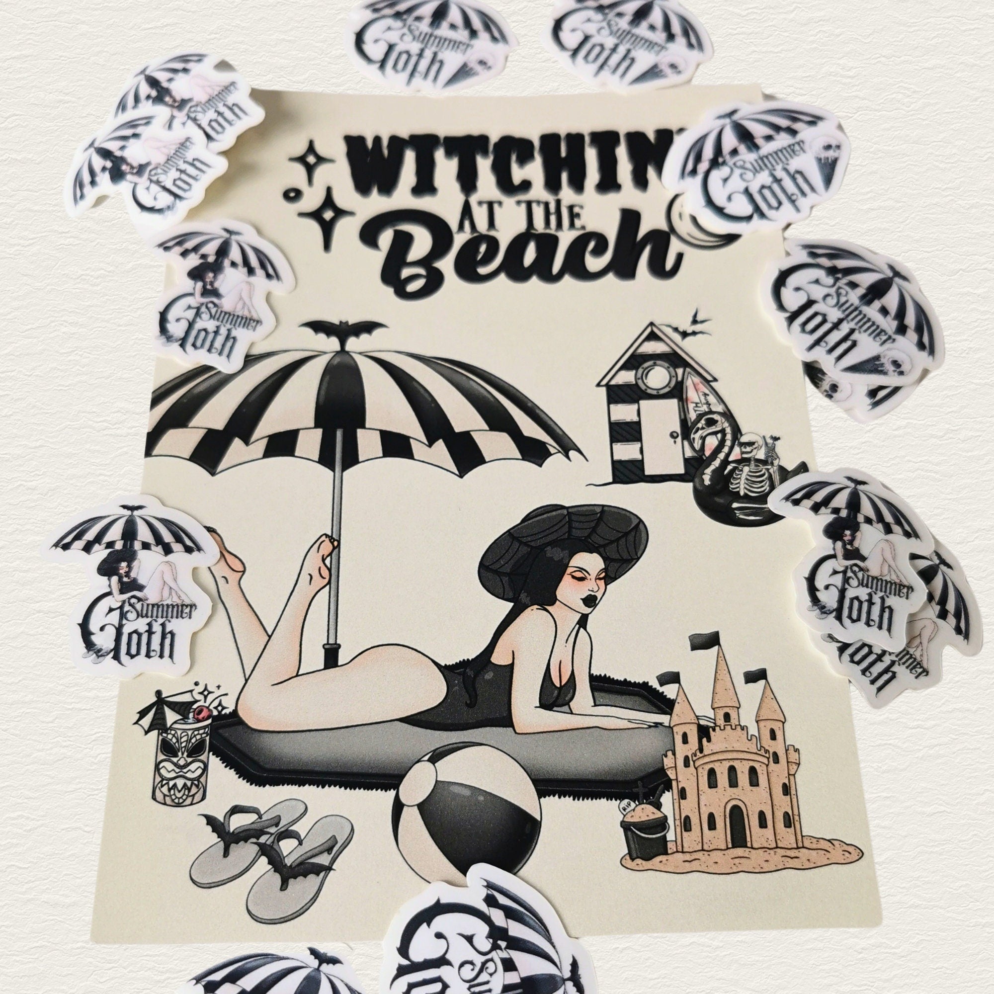 Witchin' at the Beach Grußkarte als Geschenk oder Geburtstagskarte mit Gothic Girl am Strand -Invitations- BloodyBrilliants