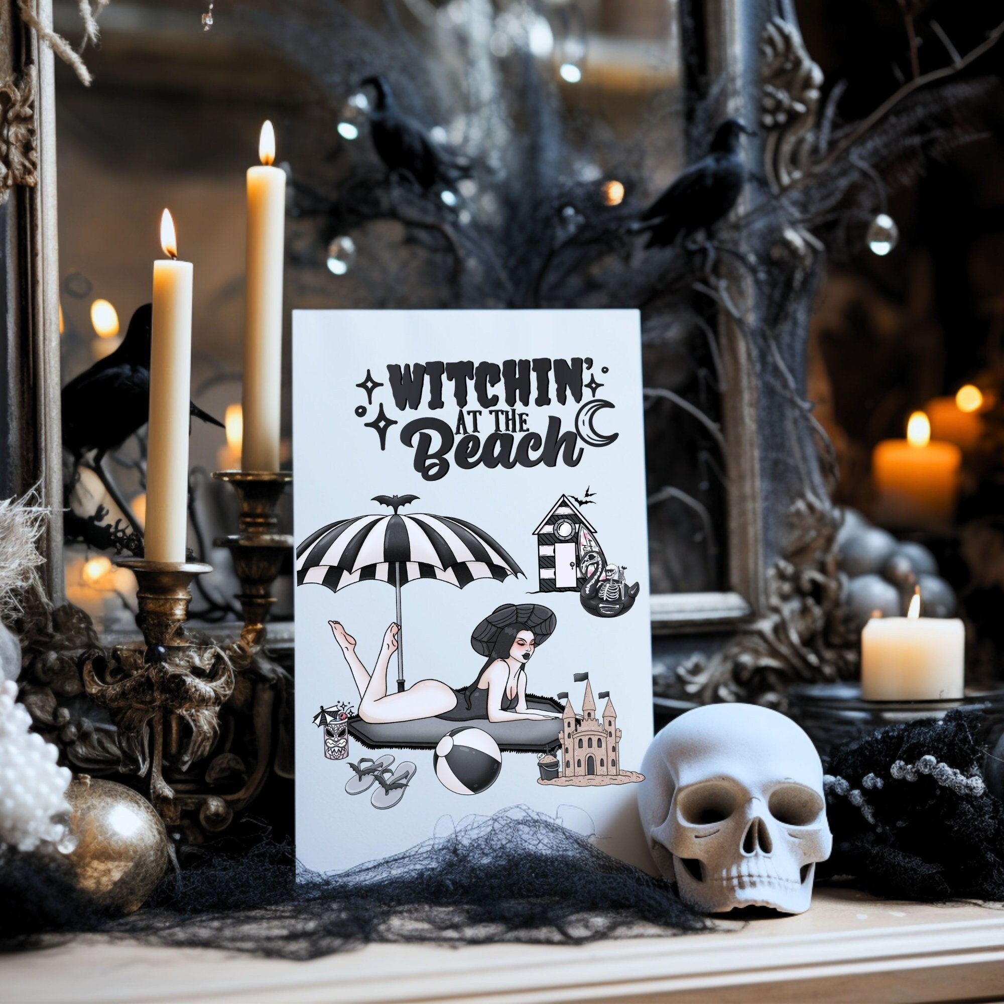 Witchin' at the Beach Grußkarte als Geschenk oder Geburtstagskarte mit Gothic Girl am Strand -Invitations- BloodyBrilliants