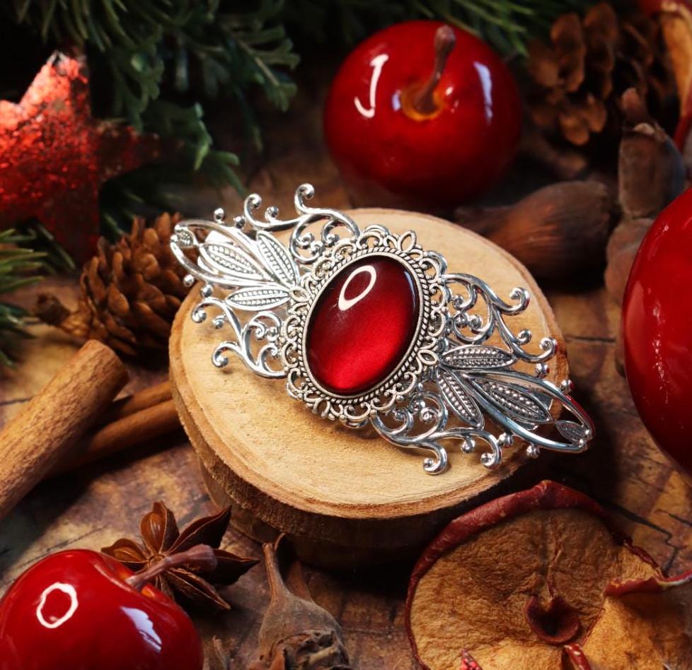 Schmuckset Weihnachtselfe silber aus Kettenanhänger und Jugendstil Haarspange in Wunschfarbe für Weihnachtsoutfit oder Elfen Schmuck -Barrettes & Clips- BloodyBrilliants