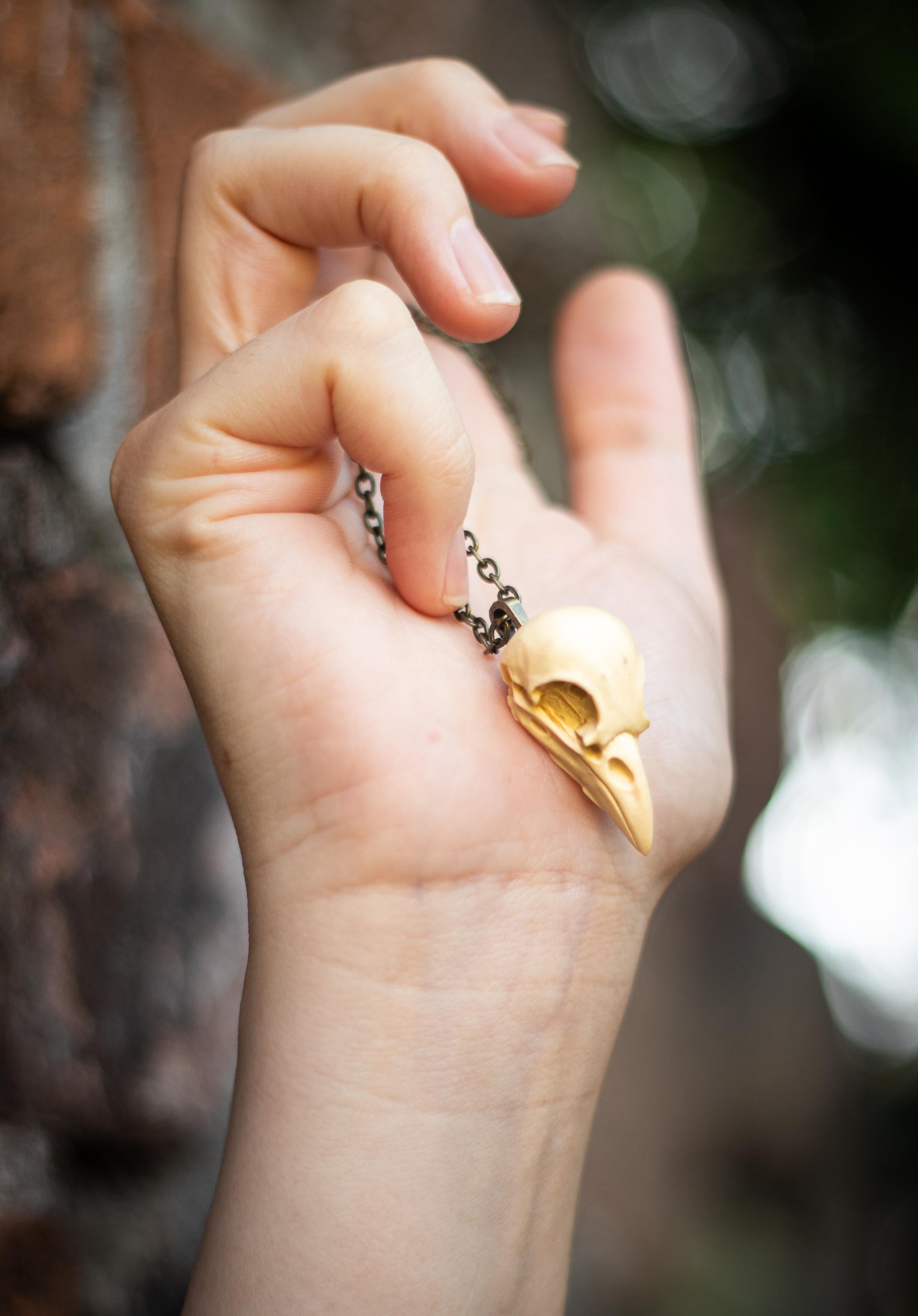 Rabenschädel Kette, Anhänger Vogelschädel aus Harz als Mittelalter Schmuck, Gothic Schmuck für Dark Academia Outfit, Tier Schädel Anhänger -Pendants- BloodyBrilliants