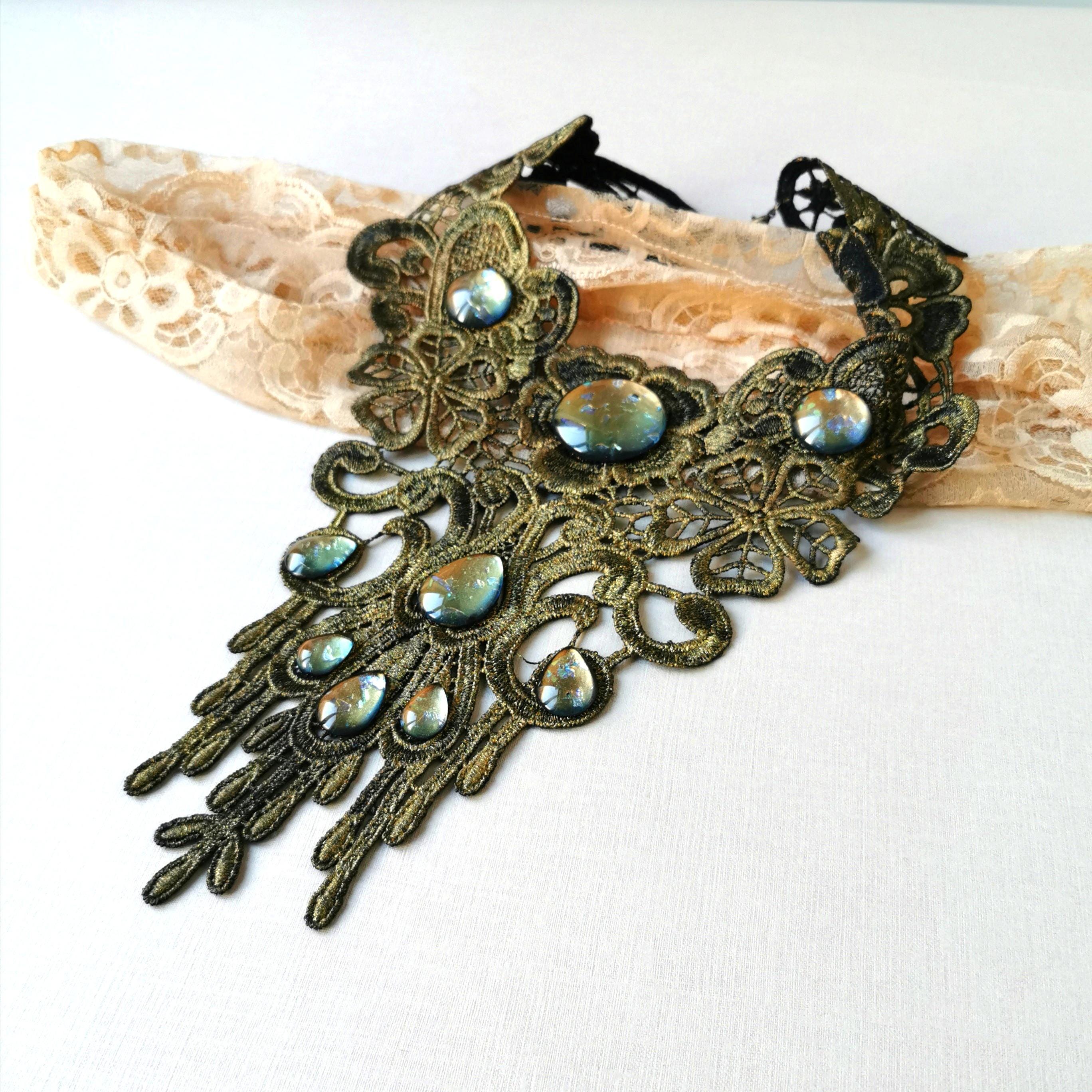 Steampunk Schmuckset Wunschfarbe aus Collier, Haarspange und Ohrringen mit farbigen Glassteinen für Boho Outfit und Vintage Hochzeit -Chokers- BloodyBrilliants