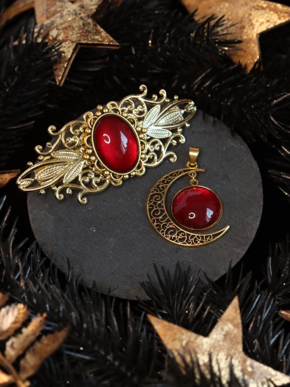 Mondkette & Haarspange gold als Hexen Schmuckset in Wunschfarbe, Gothic Schmuck für Halloween Adventskalender und Dark Academia Accessoire -Jewelry Sets- BloodyBrilliants