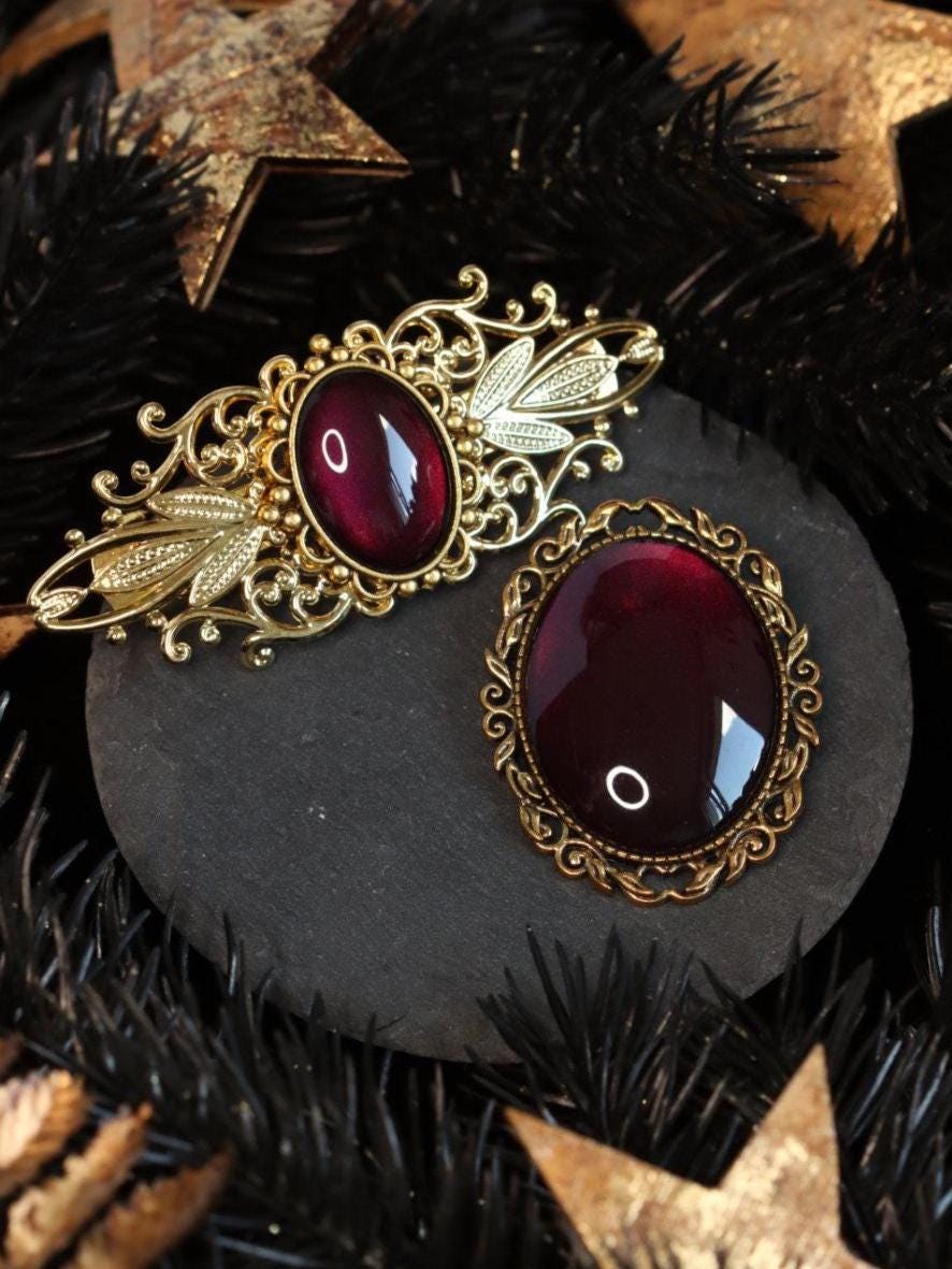 Haarspange & Brosche gold als Weihnachts Schmuckset in Wunschfarbe, Vintage Schmuck für Mittelalter Adventskalender Dark Academia Accessoire -Jewelry Sets- BloodyBrilliants
