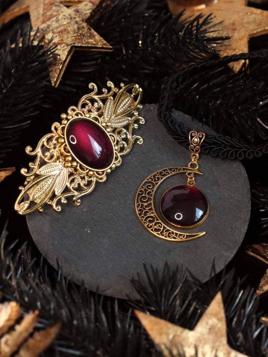 Mondkette & Haarspange gold als Hexen Schmuckset in Wunschfarbe, Gothic Schmuck für Halloween Adventskalender und Dark Academia Accessoire -Jewelry Sets- BloodyBrilliants