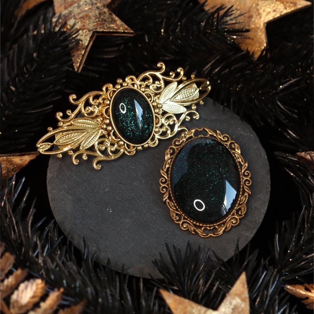 Goldene Haarspange in Wunschfarbe als Vintage Schmuck und 20er Jahre Haarschmuck Gold, Dark Academia Accessoire & Mittelalter Haarschmuck -Barrettes & Clips- BloodyBrilliants