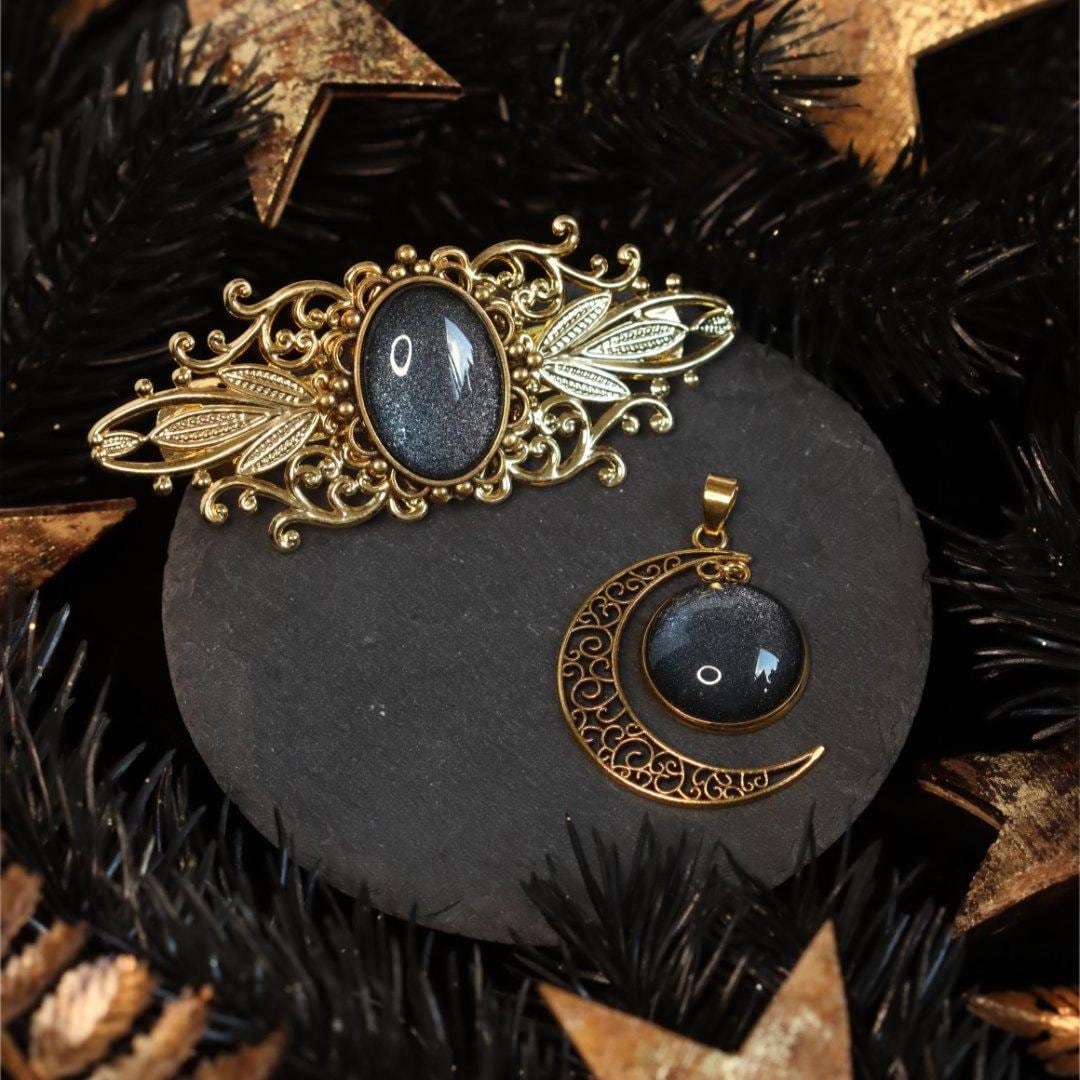 Goldene Haarspange in Wunschfarbe als Vintage Schmuck und 20er Jahre Haarschmuck Gold, Dark Academia Accessoire & Mittelalter Haarschmuck -Barrettes & Clips- BloodyBrilliants