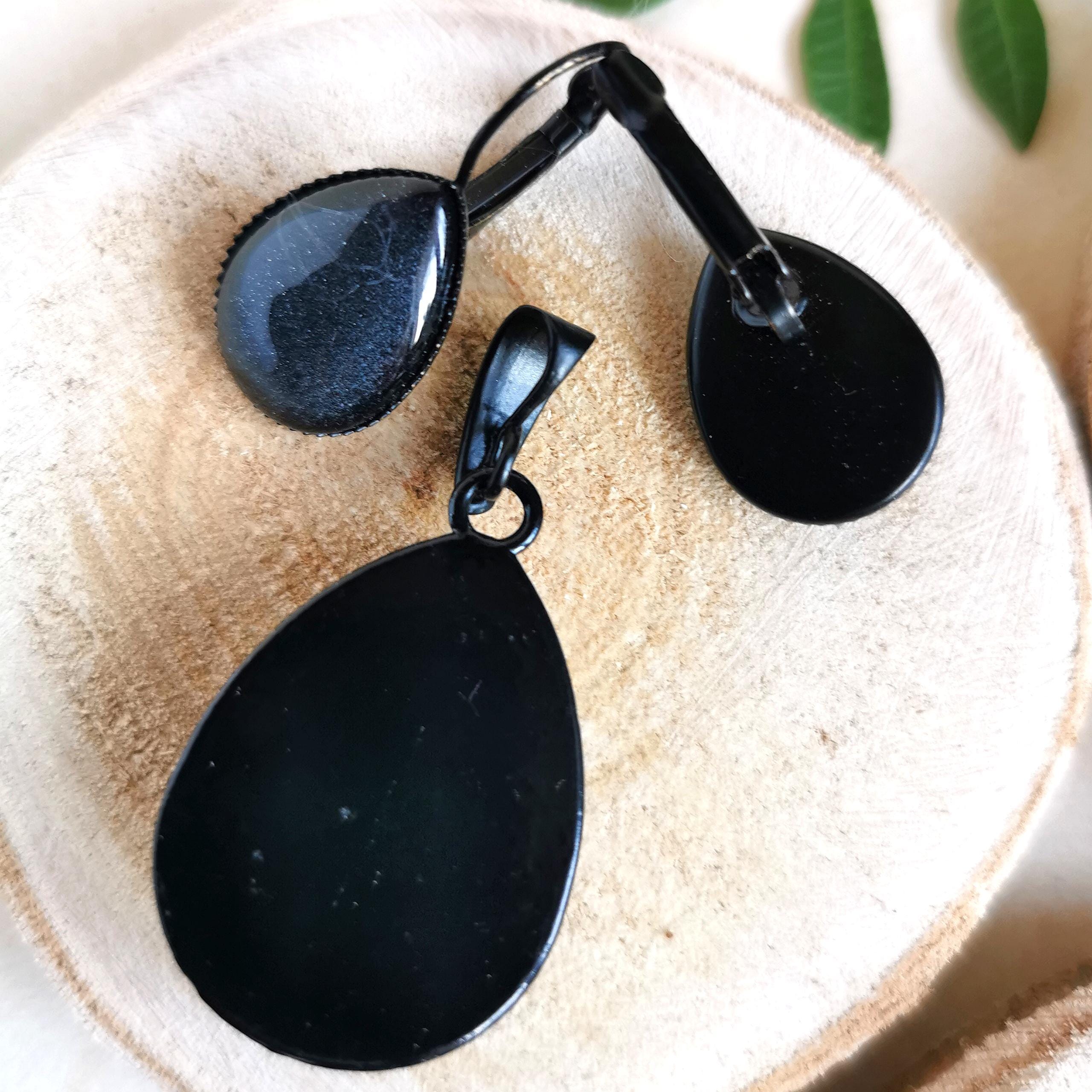 Tropfen Ohrringe hängend als Schmuckset mit Tropfen Kette mit Stein in Wunschfarbe, Gothic Ohrringe schwarz als Gothic Schmuck -Dangle & Drop Earrings- BloodyBrilliants