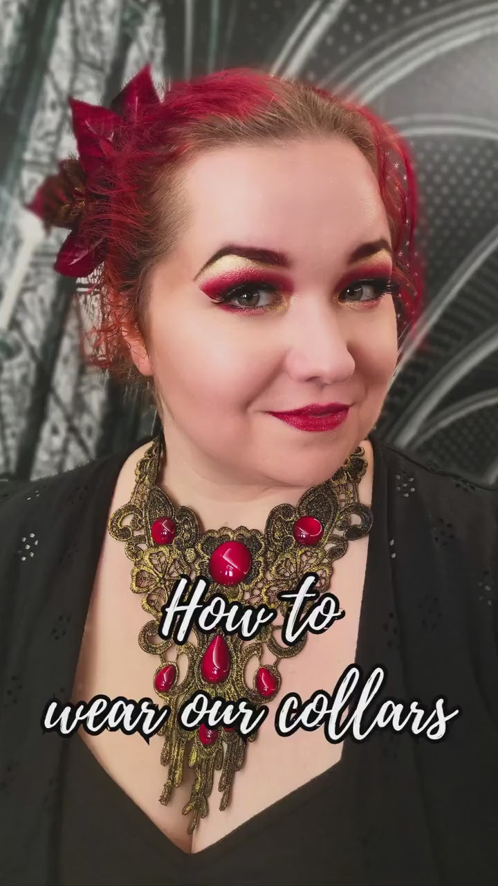 Steampunk Collier bronze aus Spitze mit farbigen Glassteinen für Cosplay als Steampunk Choker oder für Hexen Geburtstag