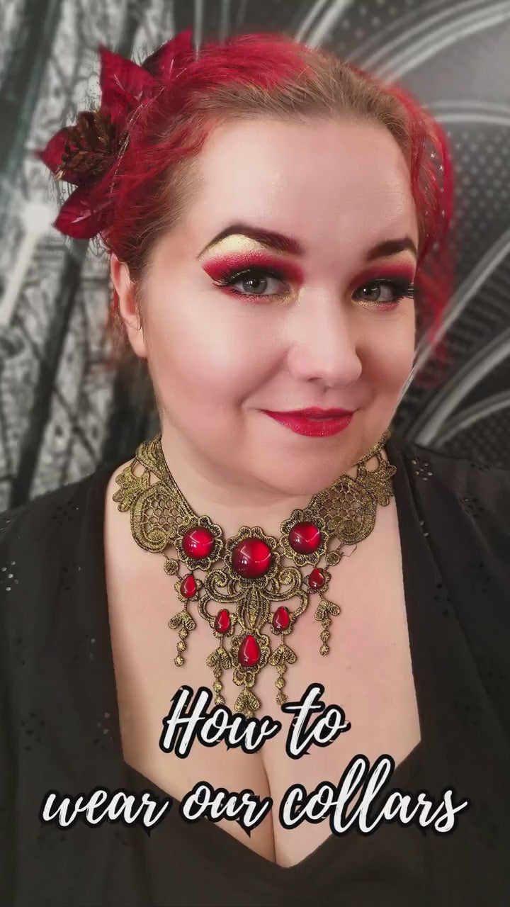 Bronze Collier klein aus Spitze mit Glassteinen in Wunschfarbe für Steampunk Outfit oder Vintage Hochzeit, auch als witchy Choker