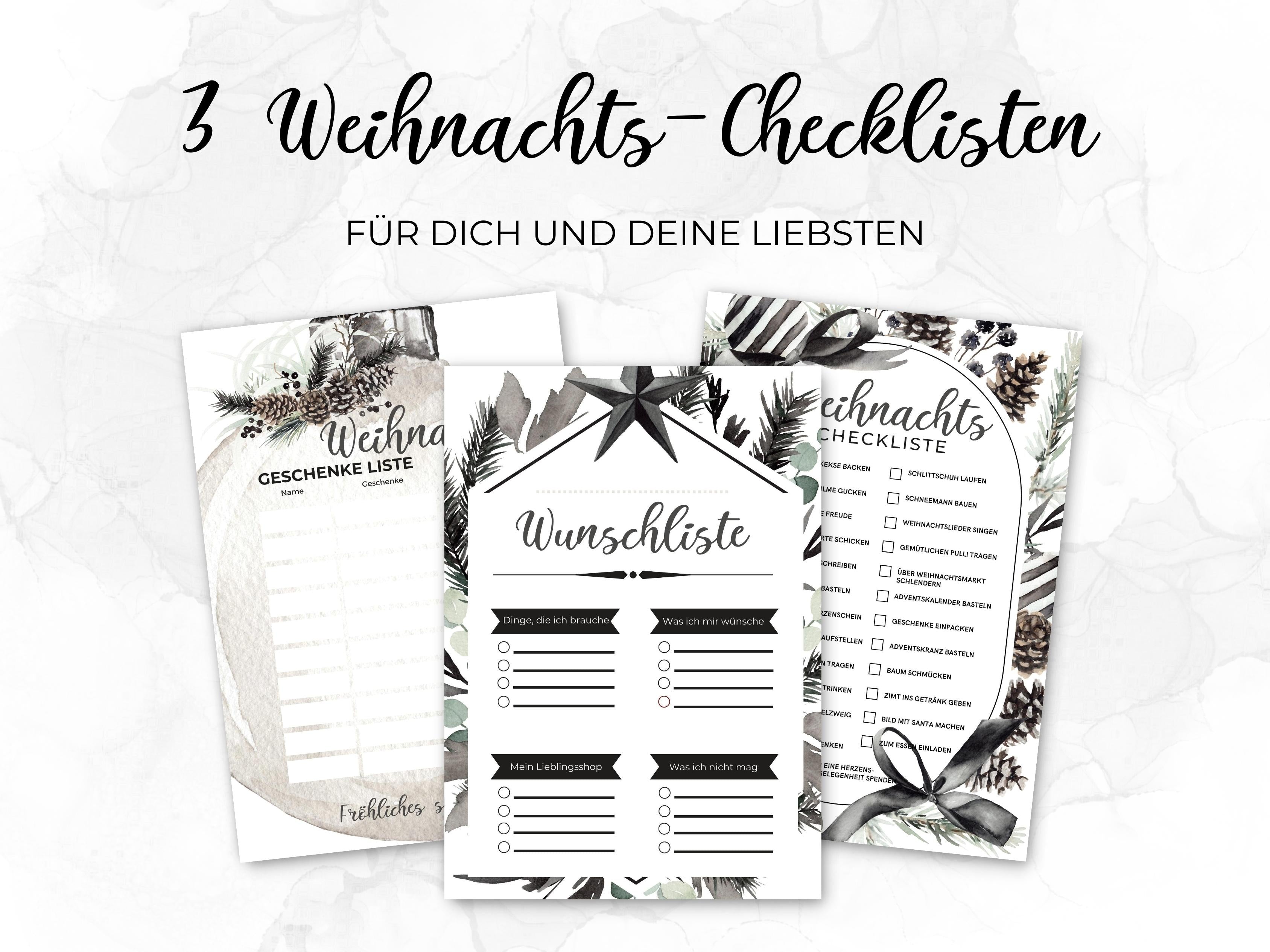 Weihnachten Checklisten in Schwarz-weiß