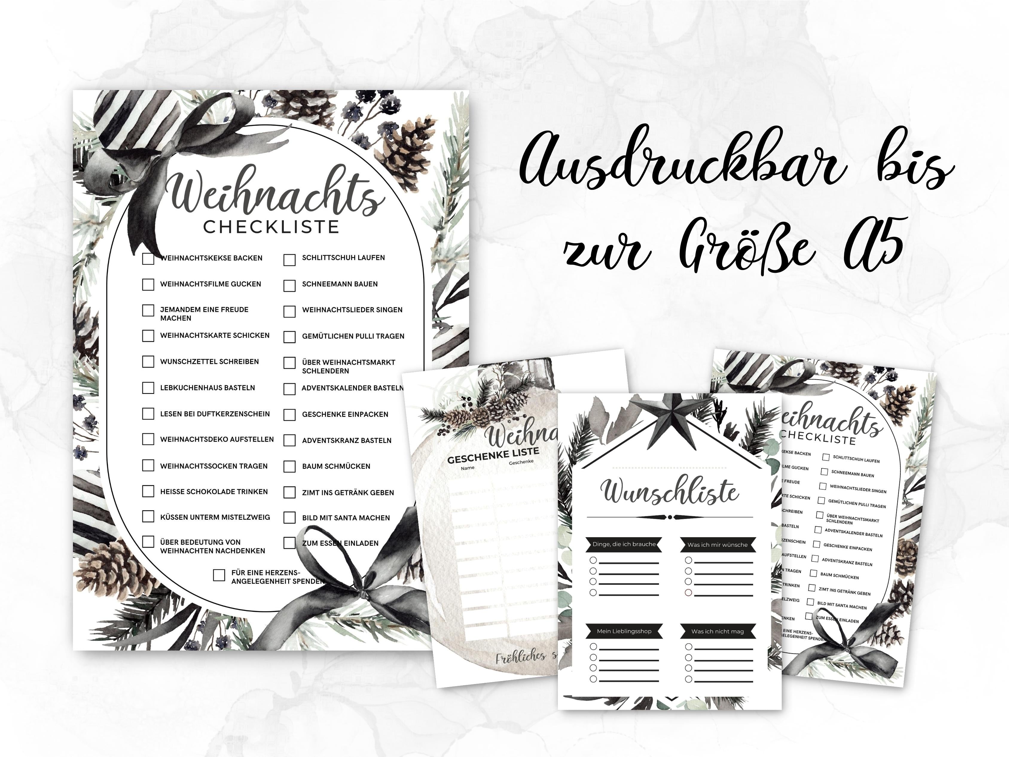 Weihnachten Checklisten in Schwarz-weiß