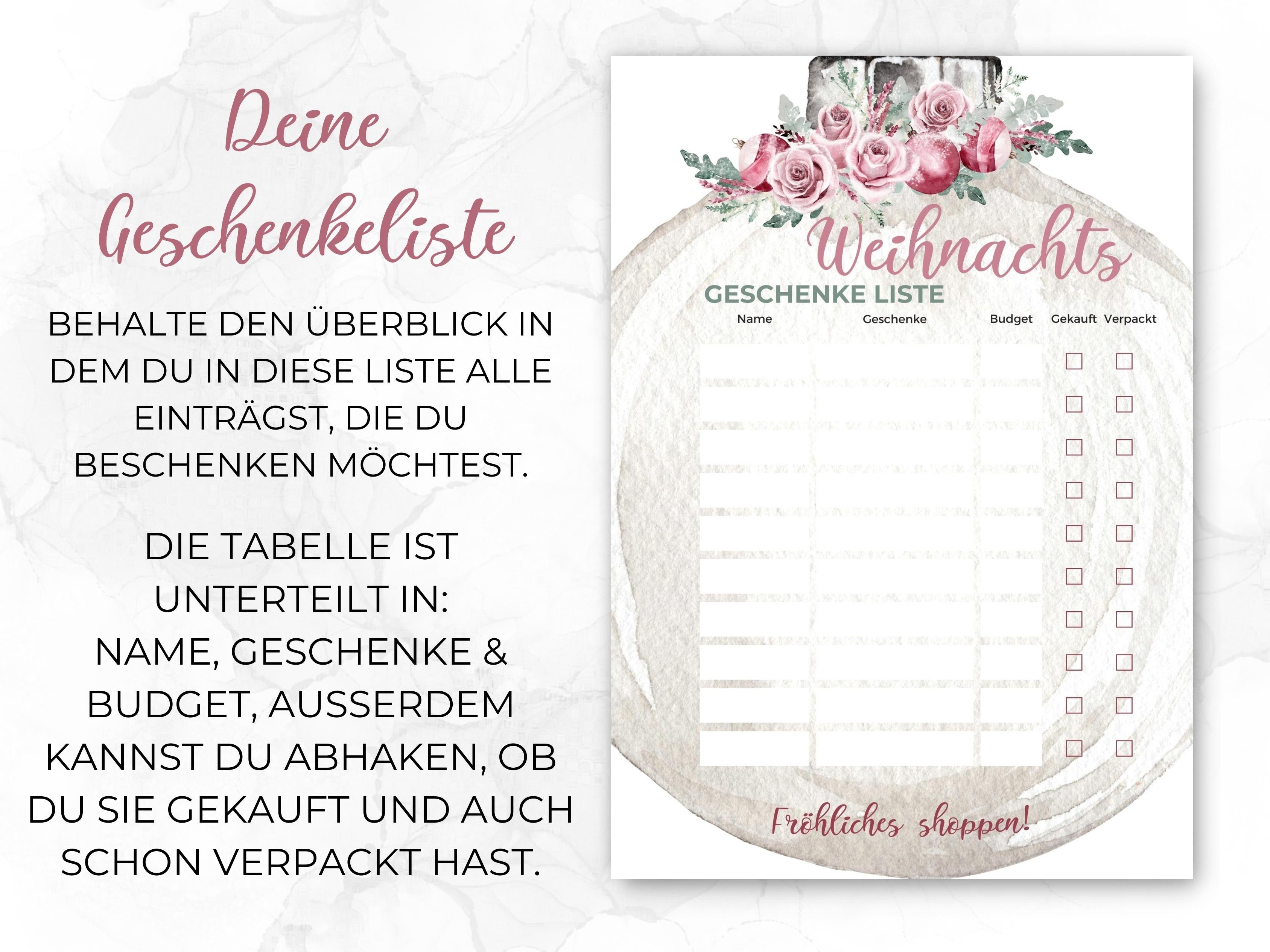 Weihnachten Checklisten in Rosa